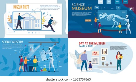 Futuristic Science Museum with Robotic Guide Artificial Intelligence, Security Guard Historical Values Protection from Criminal Theft, Family Cultural Recreation Poster Set. Vector Illustration