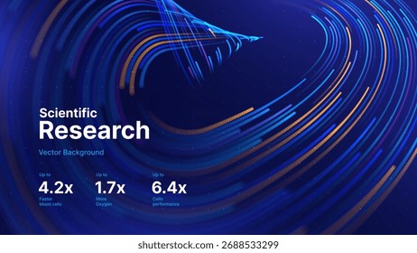 Futuristische Forschung Präsentation Hintergrund. KI-Datenflusslinien auf dunkelblauem Hintergrund. Technologie und Tech Business Innovation Theme. Dynamisches abstraktes Punktkonzept. Vektorgrafik.