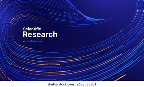 Futuristische Forschung Präsentation Hintergrund. KI-Datenflusslinien auf dunkelblauem Hintergrund. Technologie und Tech Business Innovation Theme. Dynamisches abstraktes Punktkonzept. Vektorgrafik.