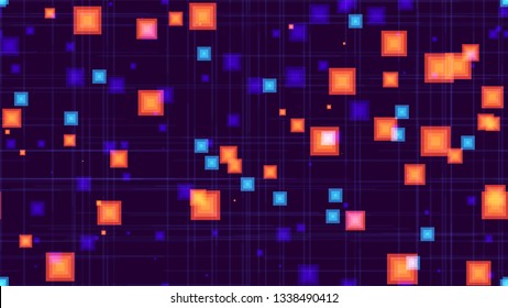 Futuristic Science Seamless Neon Background. Texture with Bright Rectangles. Digital Tech Neon Pattern. Digital Cover Background.