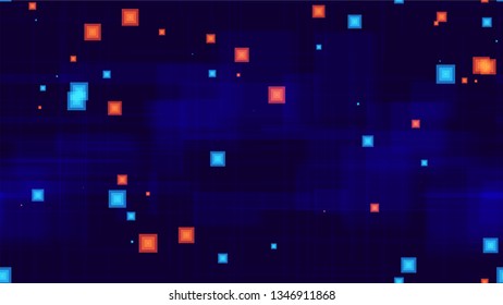 Futuristic Science Seamless Neon Background. Texture with Bright Rectangles. Digital Tech Neon Pattern. Futuristic Led Background.