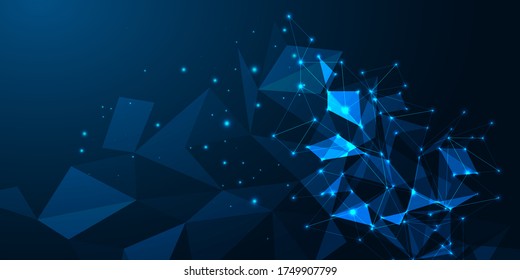 Futuristic science and technology abstract banner with glowing low polygonal triangles, lights spots, lines on dark blue background. Modern wire frame mesh design vector illustration.