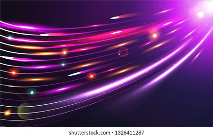 Futuristic, science and technology concept, shiny light rays illustration on purple background.