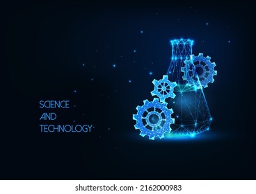Futuristic science and technology research concept with glowing laboratory beaker and gears