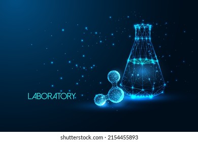 Futuristic scientific research concept with glowing abstract molecule and laboratory beaker 