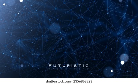 Futuristic scientific wallpaper with mesh. Abstract tech network connection dots. Digital technology and big data analysis illustration. Dark background with plexus lines