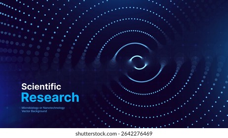 Futuristic Scientific Wave Simulation With Spiral Ripple Effect. Vortex Particle Flow. Data Field Analysis. Nanotechnology or Neural Research on Dark Background. Vector Illustration.