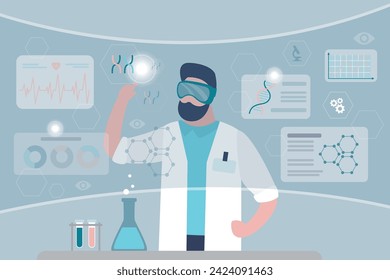 Futuristischer Wissenschaftler im VR-Headset. Intelligente Menschen schaffen chemische Verbindungen und Strukturen in der virtuellen Realität. Chemist oder Mediziner erforscht Moleküle mit digitaler Brille. Vektorgrafik