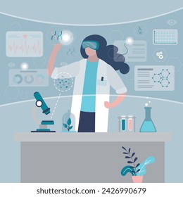 Futuristic scientist in VR headset. Smart woman creates chemical compounds and structures in virtual reality. Chemist or medical worker researching molecules with digital glasses. vector illustration