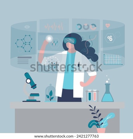 Futuristic scientist in VR headset. Woman creates chemical compounds and structures in virtual reality. Chemist or medical worker researching molecules with digital glasses. flat vector illustration