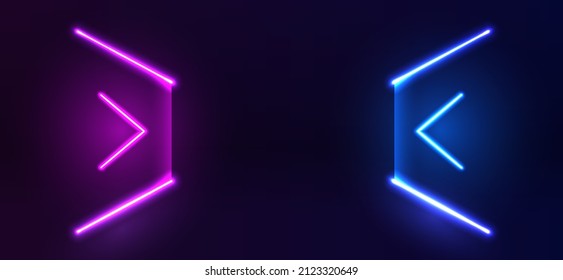 Futuristic sci-fi abstract neon light shapes on black background. Glowing lines, neon lights, abstract psychedelic background, ultraviolet, pink blue vibrant colors. Vector illustration, neon arrows