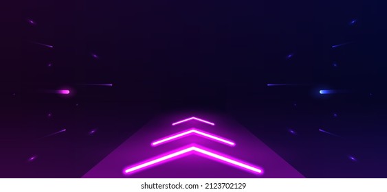 Futuristic sci-fi abstract neon light shapes on black background. Glowing lines, neon lights, abstract psychedelic background, ultraviolet, pink blue vibrant colors. Vector illustration, neon arrows