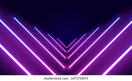 Futuristic sci-fi abstract purple neon light shapes on black background. Glowing lines, neon lights, abstract psychedelic background, ultraviolet, pink blue vibrant colors. Vector illustration.