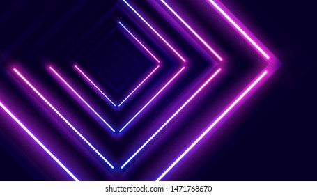 Futuristic sci-fi abstract purple neon light shapes on black background. Glowing lines, neon lights, abstract psychedelic background, ultraviolet, pink blue vibrant colors. Vector illustration.