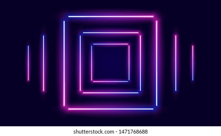 Futuristic sci-fi abstract purple neon light shapes on black background. Glowing lines, neon lights, abstract psychedelic background, ultraviolet, pink blue vibrant colors. Vector illustration.