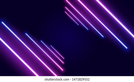 Стоковое векторное изображение: Futuristic sci-fi abstract purple neon light shapes on black background. Glowing lines, neon lights, abstract psychedelic background, ultraviolet, pink blue vibrant colors. Vector illustration.