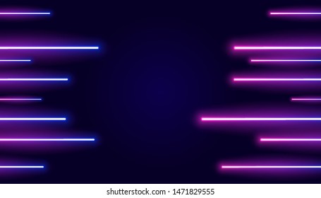 Futuristic sci-fi abstract purple neon light shapes on black background. Glowing lines, neon lights, abstract psychedelic background, ultraviolet, pink blue vibrant colors. Vector illustration.