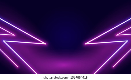 Futuristic sci-fi abstract purple neon light shapes on black background. Glowing lines, neon lights, abstract psychedelic background, ultraviolet, pink blue vibrant colors. Vector illustration.