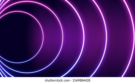 Futuristic sci-fi abstract purple neon light shapes on black background. Glowing lines, neon lights, abstract psychedelic background, ultraviolet, pink blue vibrant colors. Vector illustration.