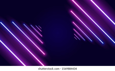 Futuristic sci-fi abstract purple neon light shapes on black background. Glowing lines, neon lights, abstract psychedelic background, ultraviolet, pink blue vibrant colors. Vector illustration.