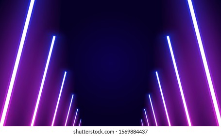 Futuristic sci-fi abstract purple neon light shapes on black background. Glowing lines, neon lights, abstract psychedelic background, ultraviolet, pink blue vibrant colors. Vector illustration.
