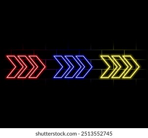 Futuristic Sci-Fi Arrow Shaped Neon Tube Vibrant Purple And Blue Glowing Lights On 3d Tilted space with reflection in Empty Space Vector illustration.