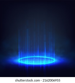 Futuristic sci-fi background. Blue circle portal with light flares and sparkles.