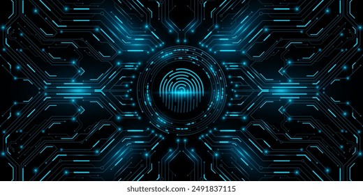 Futuristic sci-fi board with scanning fingerprint. Cybersecurity panel with user biometric data. Hi-tech CPU panel with glowing HUD circle. Tech design. Vector illustration