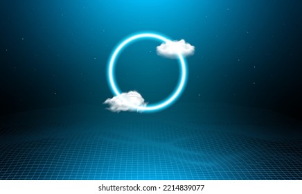 Futuristic  Sci-Fi circle neon light with smoke and  glow network grid connection background.Vector illustration