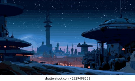 Futuristic Sci-Fi Cityscape at Night with Starry Sky