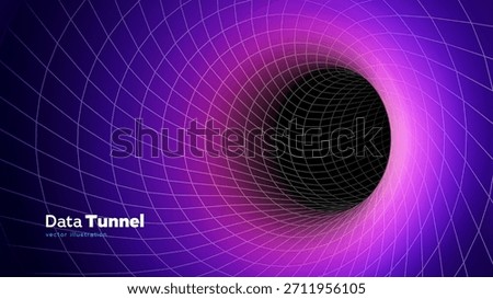 Futuristic SciFi Data Tunnel With Neon Purple Grid Evoking Big Data Streams And Retro 80s, 90s Music Vibes. Data Tunnels Concept. Vector Illustration.