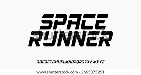 Futuristic sci-fi display font with sleek geometric shapes and speed-inspired cuts. Perfect for space-themed designs, racing logos, videogame titles. technology branding, and modern poster headlines.