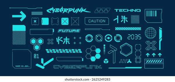Futuristic sci-fi elements in Cyberpunk style for t-shirt print and game design. Futuristic HUD elements with Japanese text inscription. Futuristic emblems and signs for silkscreen clothing