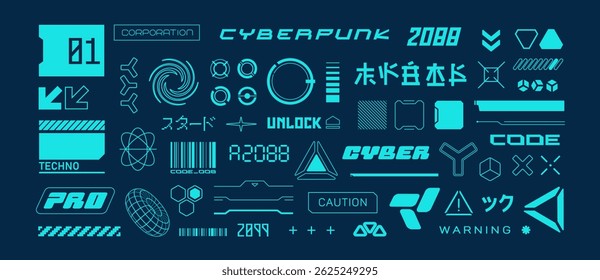 Futuristic sci-fi elements in Cyberpunk style for t-shirt print and game design. Futuristic HUD elements with Japanese text inscription. Futuristic emblems and signs for silkscreen clothing