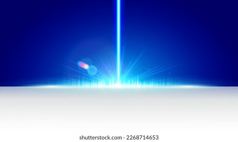 Futuristic sci-fi environment. A white surface with a laser lens and blue light in the background. Blank blue white energy background for technology and gaming product presentation. Vector template.