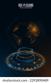 Futuristic sci-fi globe and 3d HUD rounds with light effects. Hologram of Earth map. Digital planet. Global network. Technology cover. Vector illustration. EPS 10