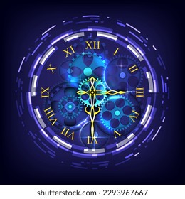 Futuristic Sci-Fi glowing golden clock. Abstract time machine and gear background. Virtual reality gold timer. Deadline concept