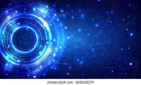 Futuristic Sci-Fi glowing HUD circle element. Abstract hi-tech background. Hologram particle of head-up display interface. Virtual reality technology of computer engineer