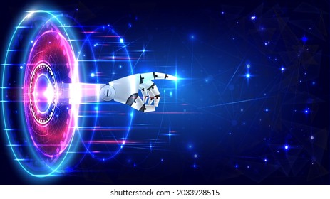 Futuristic Sci-Fi glowing HUD circle element and a hand of robot. Abstract hi-tech background. Hologram particle of head-up display interface. Virtual reality technology artificial intelligence