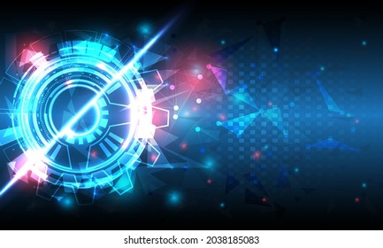 Futuristic Sci-Fi glowing HUD circle element. Abstract hi-tech background. Hologram polygon particle of head-up display interface. Virtual reality technology of computer cyber, machine and engineer