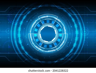 Futuristic Sci-Fi glowing HUD circle element. Abstract hi-tech background. Hologram particle of head-up display interface. Virtual reality technology of computer engineer. Space and placeholder