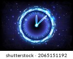 Futuristic Sci-Fi glowing HUD clock. Abstract time machine and polygon hi-tech background. Data computer of head-up display interface. Virtual reality technology timer. Deadline concept