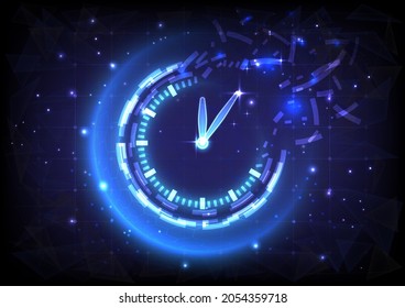 Futuristic Sci-Fi glowing HUD clock fading. Abstract time machine and polygon hi-tech background. Data computer of head-up display interface. Virtual reality technology timer. Deadline concept