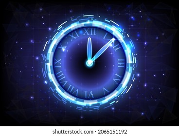 Futuristic Sci-Fi glowing HUD clock. Abstract time machine and polygon hi-tech background. Data computer of head-up display interface. Virtual reality technology timer. Deadline concept