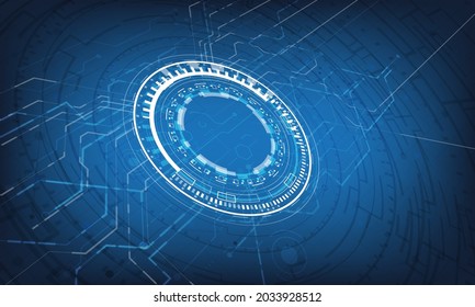 Futuristic Sci-Fi glowing HUD element, data engineer and circuit board. Abstract hi-tech particle background. Perspective hologram and head-up display interface. Virtual reality technology connection