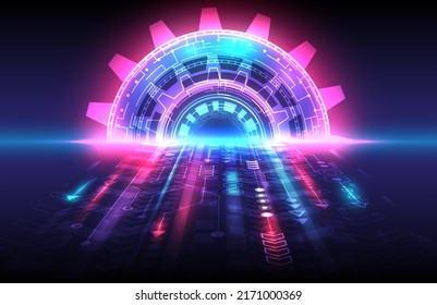 Futuristic Sci-Fi glowing HUD element and particle gear. Abstract hi-tech background. Perspective speed arrow. Internet motivation and connection. Landing page, algorithm and big data