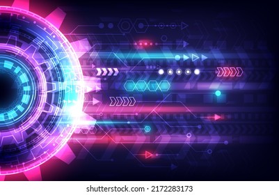 Futuristic Sci-Fi glowing HUD element and particle gear. Abstract hi-tech background. Speed arrow of head-up display interface. Internet motivation and connection