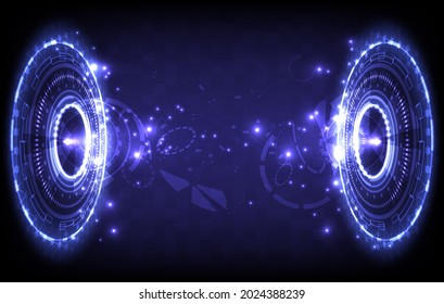 Futuristic Sci-Fi glowing HUD frame. Data engineer. Abstract hologram hi-tech background. Virtual reality holographic of projector. Digital particle of high computer