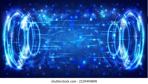 Futuristic Sci-Fi glowing HUD frame. Data engineer. Abstract hologram hi-tech background. Virtual reality holographic of projector. Digital particle of high computer. Geometric neon polygon