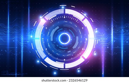 Futuristic Sci-Fi glowing HUD frame. Hologram hi-tech background. Digital Ai big data technology. Virtual reality technology innovation. Digital HUD GUI UI. Neon effect on circuit board. Vector EPS10.